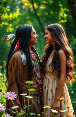 A romantic scene depicting a Native American man and an American girl in a lush, green forest