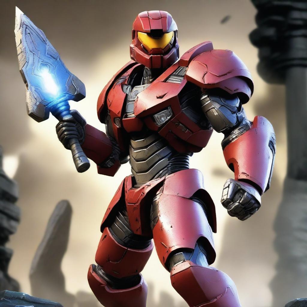 A formidable Spartan from the Halo franchise, donned in iconic Mjolnir armor, his energy sword at the ready, prepared for any extraterrestrial threat