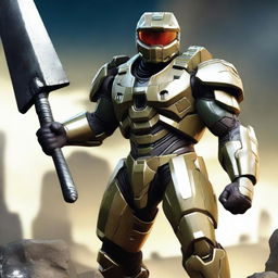 A formidable Spartan from the Halo franchise, donned in iconic Mjolnir armor, his energy sword at the ready, prepared for any extraterrestrial threat