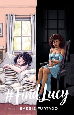 A professional drawing with fine trace detail depicting a split scene for a book cover