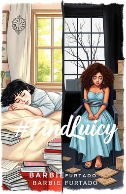 A professional drawing with fine trace detail depicting a split scene for a book cover