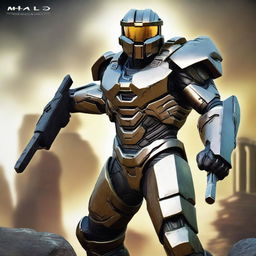 A formidable Spartan from the Halo franchise, donned in iconic Mjolnir armor, his energy sword at the ready, prepared for any extraterrestrial threat