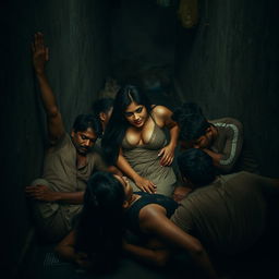 A sultry Indian woman in a dimly lit slum, leaning against a wall and lying on the floor