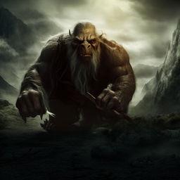 An intense image displaying a massive troll in hot pursuit of Gandalf, the legendary wizard. The troll's threatening size and features are contrasted with Gandalf's determined expression as he brandishes his staff.