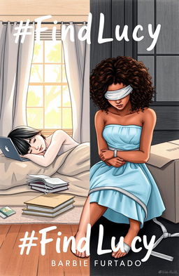 A professional drawing with fine trace detail depicting a split cover scene for a book titled '#FindLucy' by Barbie Furtado
