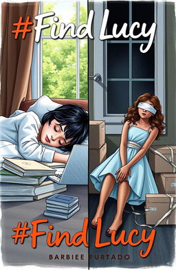 A professional drawing with fine trace detail depicting a split cover scene for a book titled '#FindLucy' by Barbie Furtado