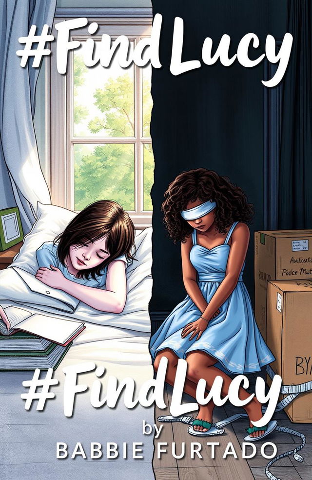 A professional drawing with fine trace detail depicting a split cover scene for a book titled '#FindLucy' by Barbie Furtado