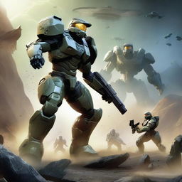 An engaging scene from Halo, featuring Spartans in their Mjolnir armor, engaged in fierce combat against the Covenant, amidst an epic alien landscape