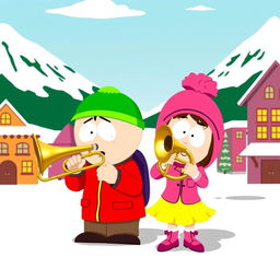 A whimsical scene featuring South Park characters Kyle and Bebe, both playing a large, shiny trombone