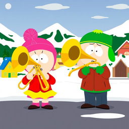 A whimsical scene featuring South Park characters Kyle and Bebe, both playing a large, shiny trombone