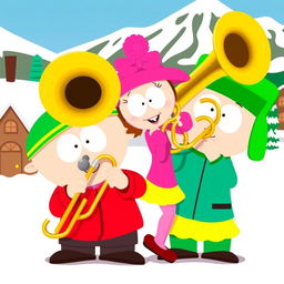 A whimsical scene featuring South Park characters Kyle and Bebe, both playing a large, shiny trombone