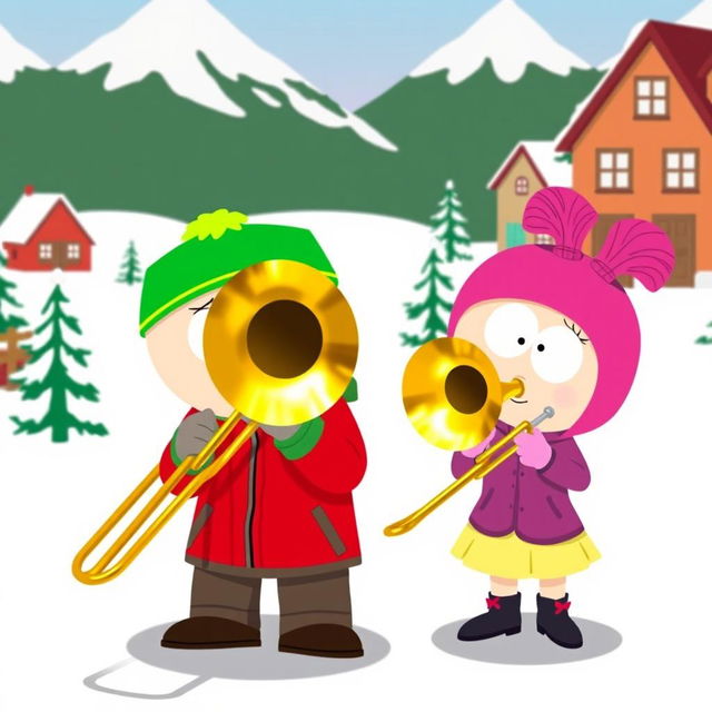 A whimsical scene featuring South Park characters Kyle and Bebe, both playing a large, shiny trombone