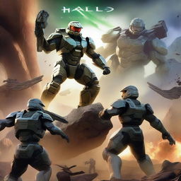 An engaging scene from Halo, featuring Spartans in their Mjolnir armor, engaged in fierce combat against the Covenant, amidst an epic alien landscape