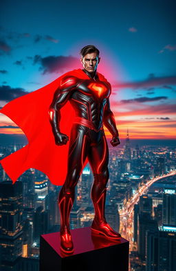 A powerful superhero radiating a brilliant red aura, standing confidently atop a skyscraper overlooking a bustling cityscape