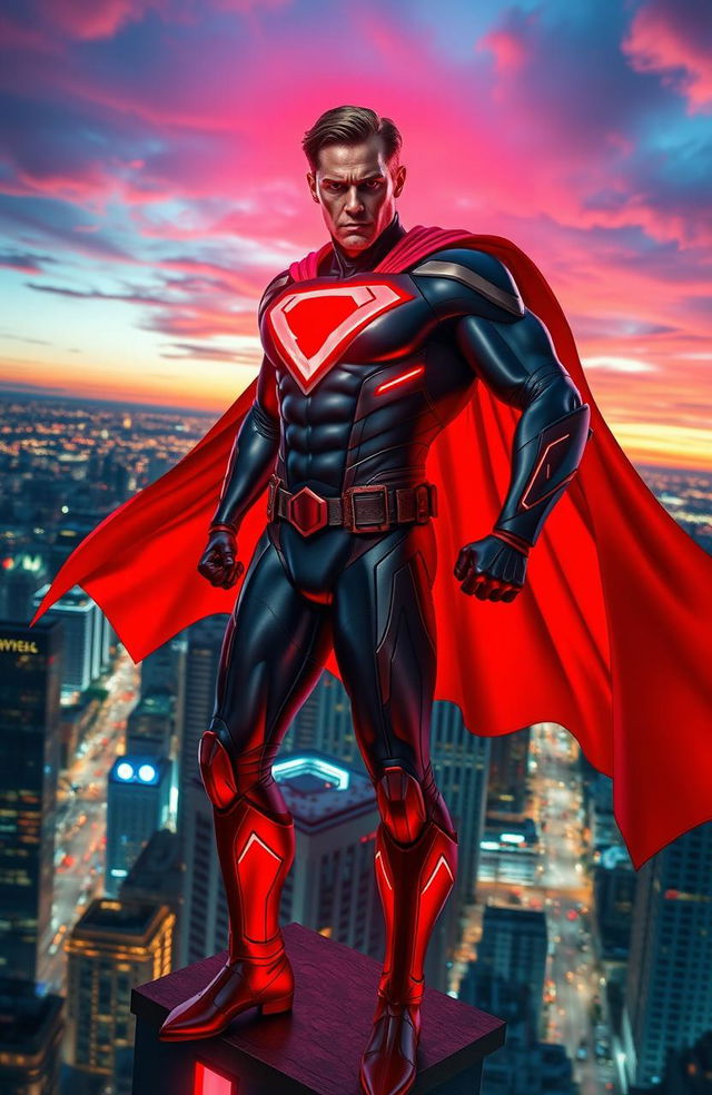 A powerful superhero radiating a brilliant red aura, standing confidently atop a skyscraper overlooking a bustling cityscape