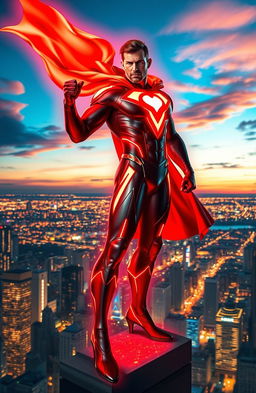 A powerful superhero radiating a brilliant red aura, standing confidently atop a skyscraper overlooking a bustling cityscape