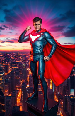 A powerful superhero radiating a brilliant red aura, standing confidently atop a skyscraper overlooking a bustling cityscape