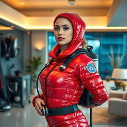 A captivating woman with big breasts, dressed in a shiny red puffy cold-water immersion suit that radiates light