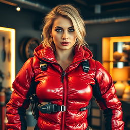 A captivating woman with big breasts, dressed in a shiny red puffy cold-water immersion suit that radiates light