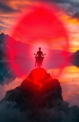 A mystical scene with a vibrant red aura surrounding a serene figure