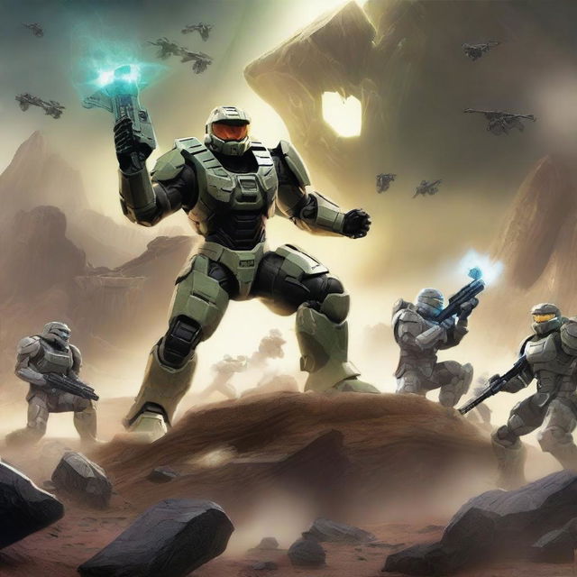 An engaging scene from Halo, featuring Spartans in their Mjolnir armor, engaged in fierce combat against the Covenant, amidst an epic alien landscape