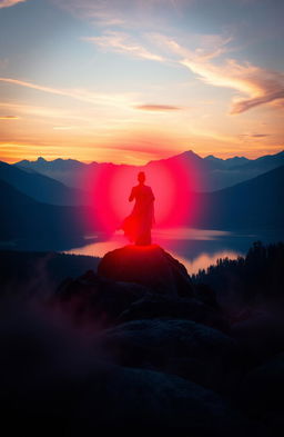 A mystical scene with a vibrant red aura surrounding a serene figure