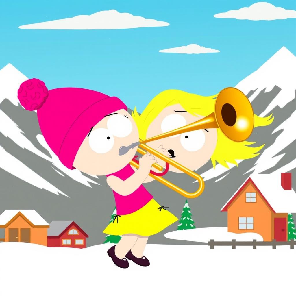 A delightful image of Bebe, the character from South Park, confidently playing a shiny trombone