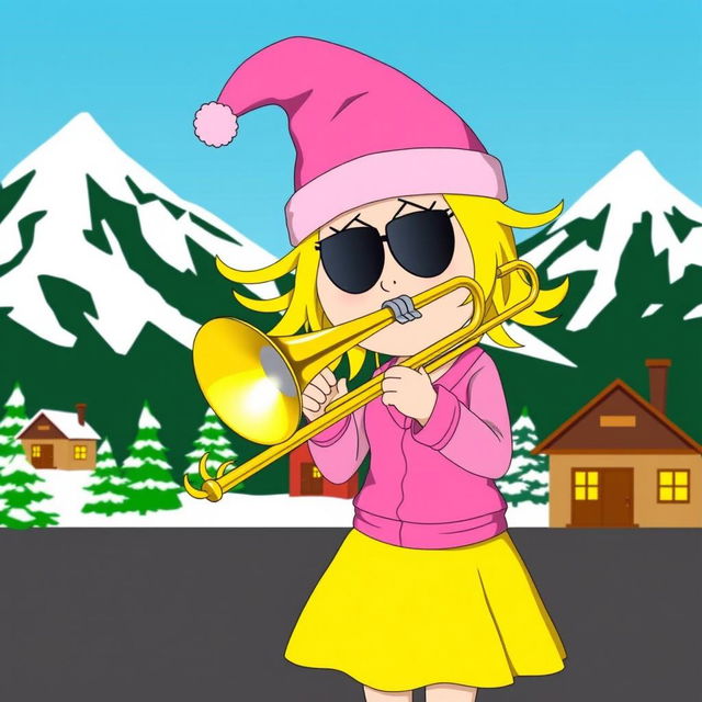 A delightful image of Bebe, the character from South Park, confidently playing a shiny trombone