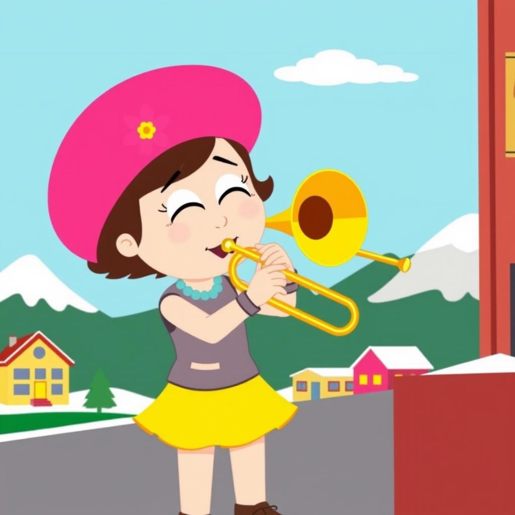 A whimsical illustration of Bebe Stevens from South Park, joyfully playing a shiny trombone