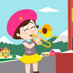 A whimsical illustration of Bebe Stevens from South Park, joyfully playing a shiny trombone