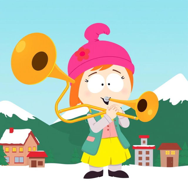 A whimsical illustration of Bebe Stevens from South Park, joyfully playing a shiny trombone