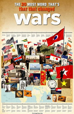 A visually striking illustration showcasing the 20 most significant wars that changed the world, including iconic images or symbols representing each war such as the American Revolution, World War I, and the Vietnam War, set in a dynamic collage style