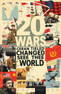 A visually striking illustration showcasing the 20 most significant wars that changed the world, including iconic images or symbols representing each war such as the American Revolution, World War I, and the Vietnam War, set in a dynamic collage style