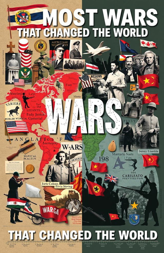 A visually striking illustration showcasing the 20 most significant wars that changed the world, including iconic images or symbols representing each war such as the American Revolution, World War I, and the Vietnam War, set in a dynamic collage style