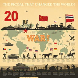 A compelling and informative illustration depicting the 20 pivotal wars that changed the world, featuring detailed representations for each major conflict like the Napoleonic Wars, World War II, and the Cold War