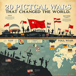 A compelling and informative illustration depicting the 20 pivotal wars that changed the world, featuring detailed representations for each major conflict like the Napoleonic Wars, World War II, and the Cold War