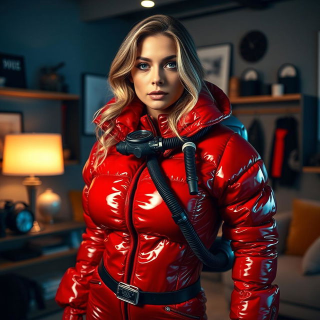 A sultry woman with large breasts, dressed in a glossy red puffy cold-water immersion suit that shines vividly