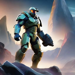 A Spartan soldier from Halo, clad in iconic Mjolnir armor, plasma rifle at the ready, set against a backdrop of a dramatic, alien landscape