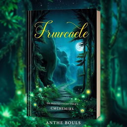 A stunning book cover design featuring a mystical forest scene illuminated by soft moonlight