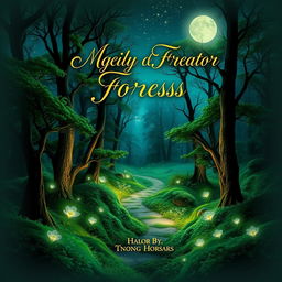 A stunning book cover design featuring a mystical forest scene illuminated by soft moonlight