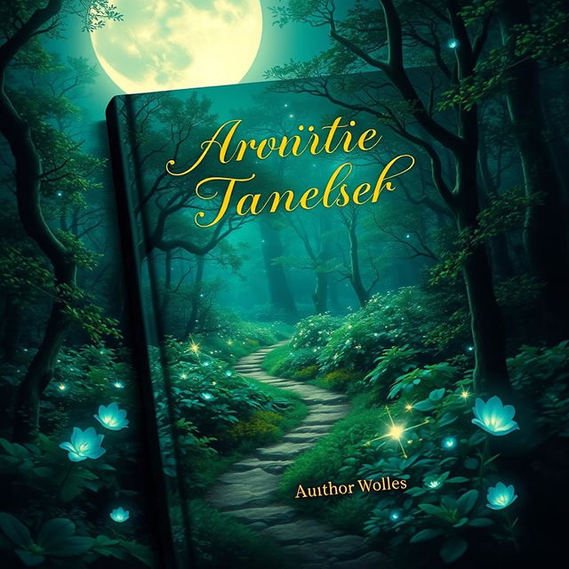 A stunning book cover design featuring a mystical forest scene illuminated by soft moonlight