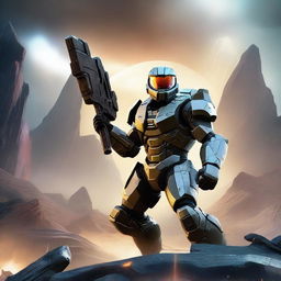 A Spartan soldier from Halo, clad in iconic Mjolnir armor, plasma rifle at the ready, set against a backdrop of a dramatic, alien landscape