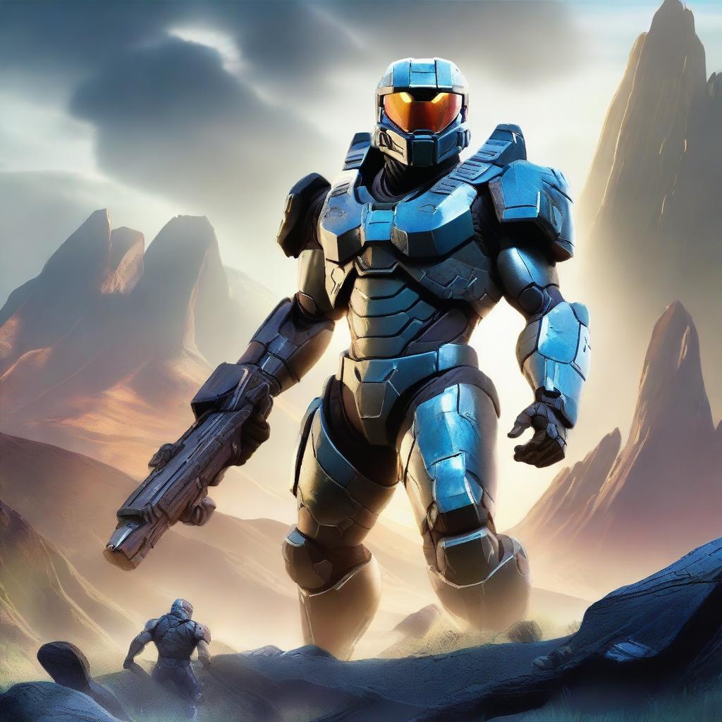 A Spartan soldier from Halo, clad in iconic Mjolnir armor, plasma rifle at the ready, set against a backdrop of a dramatic, alien landscape