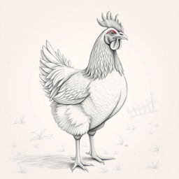A detailed pencil drawing of a chicken featuring intricate feather textures, showcasing the bird in a natural setting