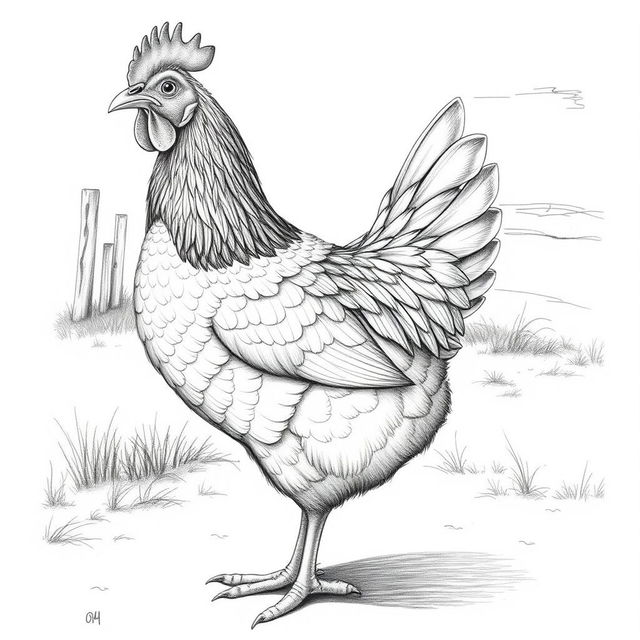 A detailed pencil drawing of a chicken featuring intricate feather textures, showcasing the bird in a natural setting