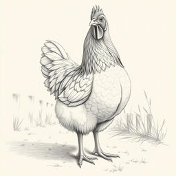 A detailed pencil drawing of a chicken featuring intricate feather textures, showcasing the bird in a natural setting