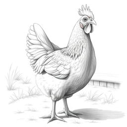 A detailed pencil drawing of a chicken featuring intricate feather textures, showcasing the bird in a natural setting