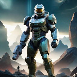 A Spartan soldier from Halo, clad in iconic Mjolnir armor, plasma rifle at the ready, set against a backdrop of a dramatic, alien landscape