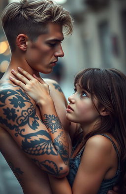 A young man around 24 years old with light hair and dark eyes, adorned with tattoos on his arms and body, is holding a 22-year-old girl by the neck, looking down at her with intensity