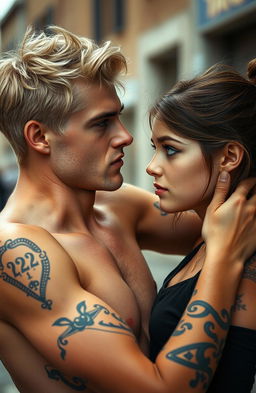 A young man around 24 years old with light hair and dark eyes, adorned with tattoos on his arms and body, is holding a 22-year-old girl by the neck, looking down at her with intensity